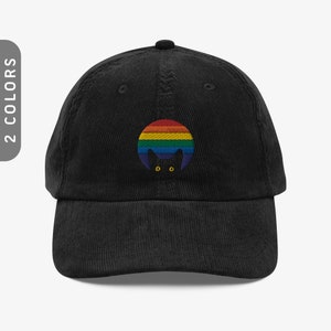 Peeking Cat in Rainbow Corduroy Hat | Embroidered Gay Pride Cap | Colorful Soft Hat for LGBTQ Supporters | Funny Accessory for Pride Parades