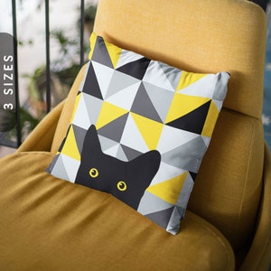 Funda de almohada con diseño de triángulos y gato que mira a escondidas / Funda de almohada decorativa / Decoración del hogar para sofá / Divertida almohada con gato negro
