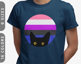 Peeking Cat in Genderfluid Flag Colors T-Shirt | Genderfluid Pride Gift