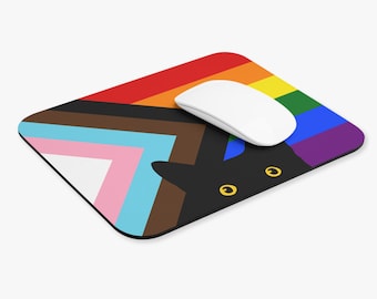 Peeking Cat in Progressive Flag Colors | Rectangle Mouse Pad | LGBTQ+ Pride Gift