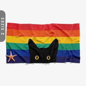 Peeking Cat in Rainbow Beach Towel | Bath Towel | Pool Towel | Beach Lovers Towel | LGBTQ Pride Towel | Funny Black Cat Towel