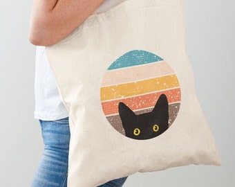 Peeking Cat in Retro Tote Bag | Canvas Tote Bag | Lightweight Tote | Cotton Shoulder Bag | Canvas Shopping Bag | Vintage Black Cat Tote Bag