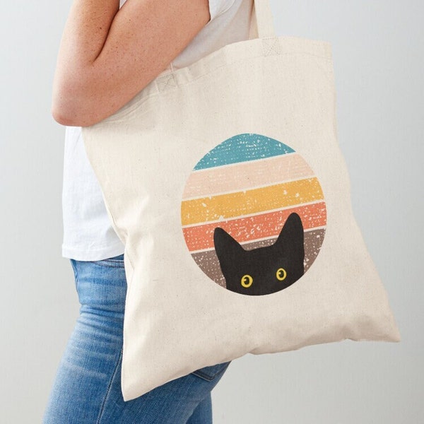 Gato mirando en bolso de mano retro / bolso de mano de lona / bolso de mano ligero / bolso de hombro de algodón / bolsa de compras de lona / bolso de mano de gato negro vintage