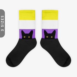 Peeking Cat in Nonbinary Flag Colors | Black Foot Sublimated Socks, Nonbinary Pride Socks, I Identify As Non Binary | Funny Black Cat Socks