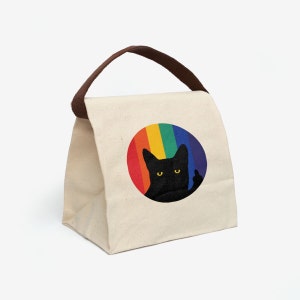Middle Finger Cat in Rainbow Lunch Bag | Canvas Lunch Bag With Strap | Lunch Bag For Men, Women, Kids | Funny Black Cat Lunch Box