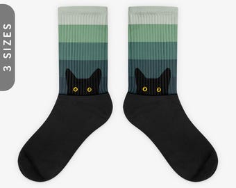 Peeking Cat in Eucalyptus Colors | Black Foot Sublimated Socks