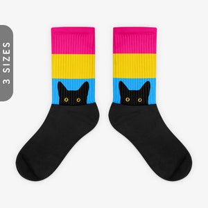 Peeking Cat in Pansexual Flag Colors | Black Foot Sublimated Socks, Panromantic Pride Socks, LGBTQ Pansexual Gifts | Funny Black Cat Socks