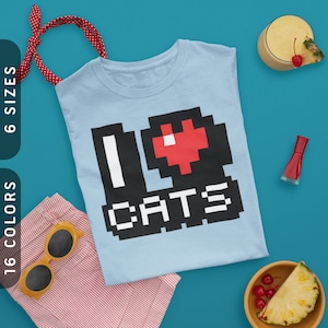 I Love Cats: 8-bit Style T-Shirt | 80s Video Game 8-bit Shirt | Retro Video Games Shirt | Cat Shirt For Cat Mom and Dad | Cat Lovers Gift