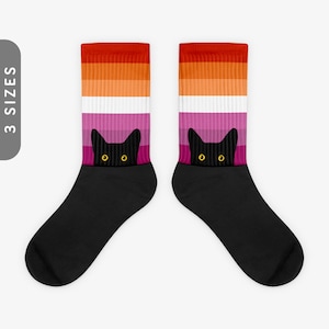 Peeking Cat in Lesbian Flag Colors | Black Foot Sublimated Socks, Lesbian Pride Flag, Butch & Femme Lesbian Gift | Funny Black Cat Socks