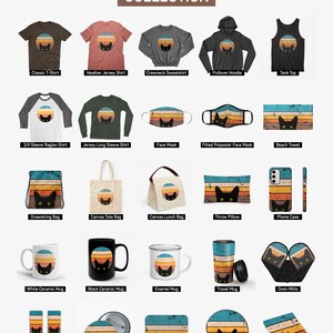 May include: A collection of various products featuring a retro-style illustration of a black cat peeking from behind a sunset. The products include apparel, accessories, home goods, and stationery. The illustration is in a vintage color palette of orange, yellow, and blue.