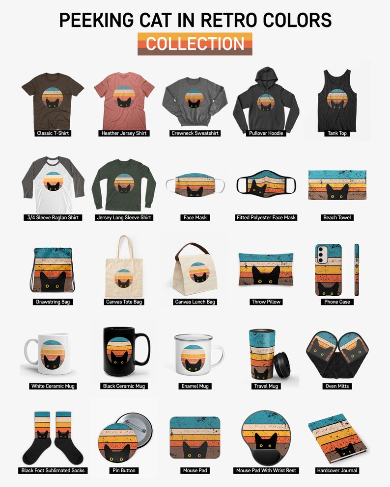 May include: A collection of various products featuring a retro-style illustration of a black cat peeking from behind a sunset. The products include apparel, accessories, home goods, and stationery. The illustration is in a vintage color palette of orange, yellow, and blue.