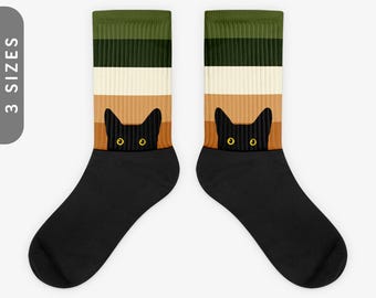 Peeking Cat in Earth Tones | Black Foot Sublimated Socks | Vintage Boho Gift