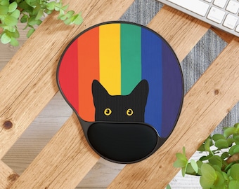 Peeking Cat in Rainbow Colors | Mouse Pad With Wrist Rest | LGBTQ+ Pride Gift