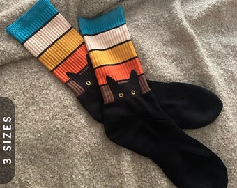 Peeking Cat in Retro Colors | Black Foot Sublimated Socks | Cat Mom & Dad Gift