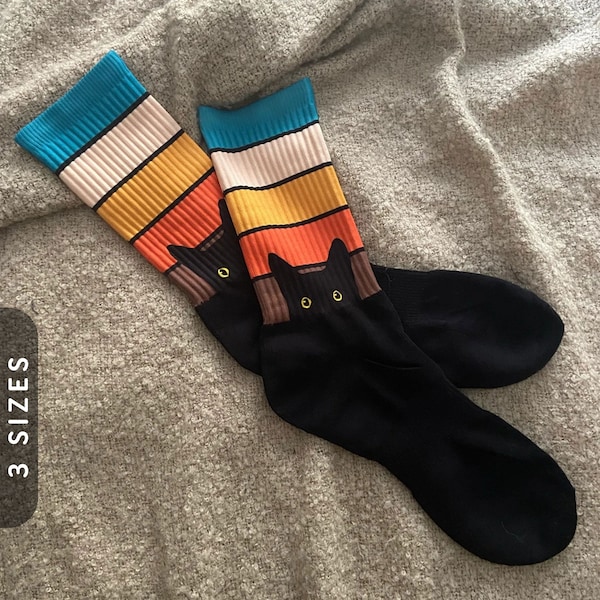 Peeking Cat in Retro Socks | Black Foot Sublimated Socks, Vintage Socks For Women & Men, Quirky Design Socks | Funny Black Cat Socks
