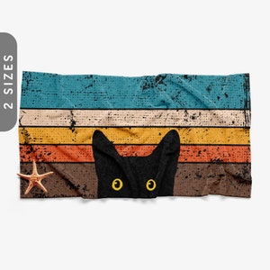 Toalla de playa retro con gato que mira a escondidas / Toalla de playa XL / Toalla de baño / Toalla de piscina / Toalla para amantes de la playa / Toalla vintage de los años 70 / Toalla divertida con gato negro