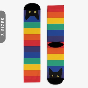 Peeking Cat in Rainbow Socks | Sublimated Crew Socks, LGBTQ Socks, Gay Pride Socks, Pride Month Socks | Funny Black Cat Socks