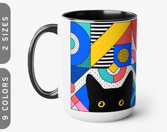 Peeking Cat in Memphis Pattern Ceramic Mug | 11oz 15oz Mug | Cat Moms Mug | Cup for Cat Dad | 80s Design | Postmodern Art | Funny Black Cat