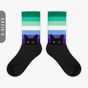 Peeking Cat in Gay/MLM Flag Colors | Black Foot Sublimated Socks, MLM Pride Flag Socks, LGBTQ Gay Men Gift | Funny Black Cat Socks