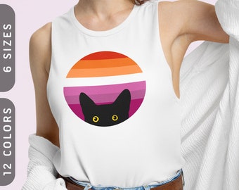 Peeking Cat aux couleurs du drapeau lesbien | Débardeur LGBTQ Lesbian Pride | Chemise sans manches chat noir drôle