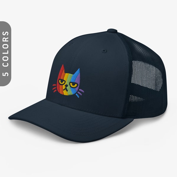 Grumpy Cat in Rainbow Baseball Cap | Trucker Hat Men & Women | Gay Pride Hat | LGBTQ Pride Hat | Cat Lover Gift Men | Embroidered Cat Hat