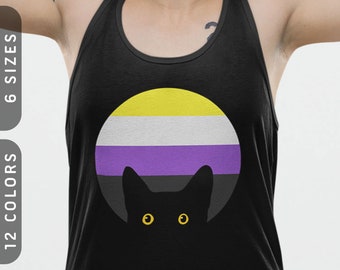 Peeking Cat in Nonbinary Flag Colors Tank Top | LGBTQ Non Binary Enby Pride Tank Top | Funny Black Cat Sleeveless Shirt