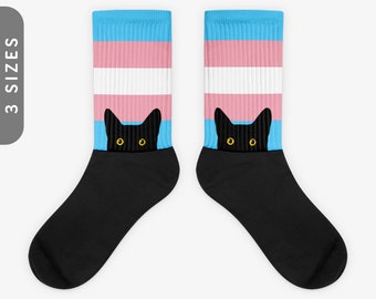 Peeking Cat in Trans Flag Colors | Black Foot Sublimated Socks, LGBTQ Trans Pride Socks, Pride Month Socks | Funny Black Cat Socks