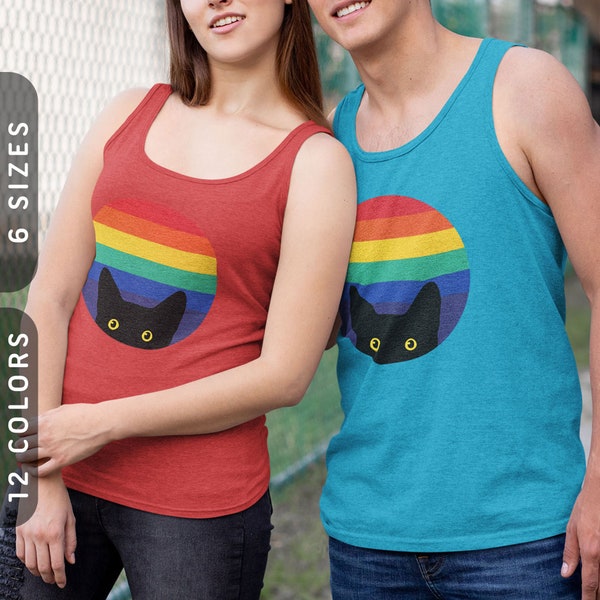 Peeking Cat in Rainbow Tank Top | Unisex TriBlend, Cat Dad Tank Top, Rainbow Tank Top Kids | Pride Cat Shirt Funny | Black Cat Shirt Mens