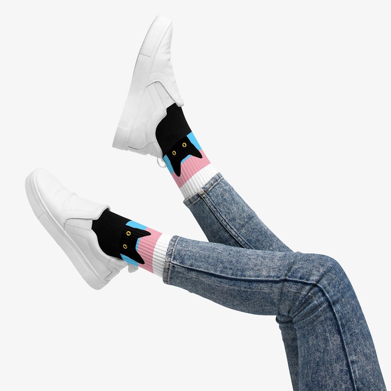 Trans Foot Peeking Cat in Trans Flag Colors | Black Foot Sublimated Socks ...