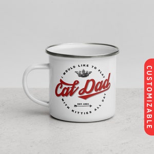 Katzen Papa: Emaille-Becher im Vintage-Stil | 12 Unzen Camping Becher | Katze Papa Tasse | Retro Schrift Kaffeetasse | 60er Jahre Design Tasse | Retro Vintage Katzenvater Geschenk