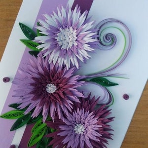 Wenskaart, filigraankaart, mooie kaart, 3D-kaart, 3D-bloemen, verjaardagskaart, leuk cadeau, paarse bloemen, Moederdag