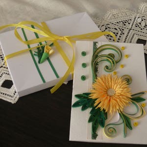 Tarjeta de cumpleaños con quilling, bonita flor amarilla, tarjeta con quilling, tarjeta de felicitación, tarjeta de boda, regalo para mujer, tarjeta hecha a mano, quilling 3D, día de la madre
