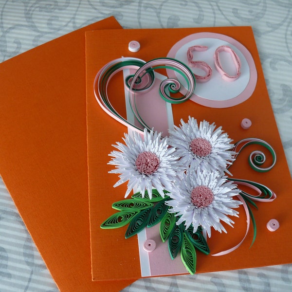 50th Birthday Card, Greeting quilling card, Quilling card, wedding card, birthday card, - 40th, 100th, 70th, paper card, 3D flowers,3D card.