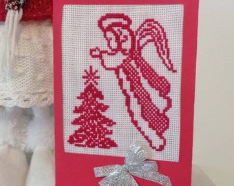 Embroidered Christmas card with lantern, card with embroidery, handmade, cross-stitch, Christmas joy, Christmas gift.