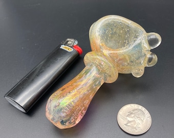 Glass pocket pipe. Silver and gold fumed bubble trap spoon pipe