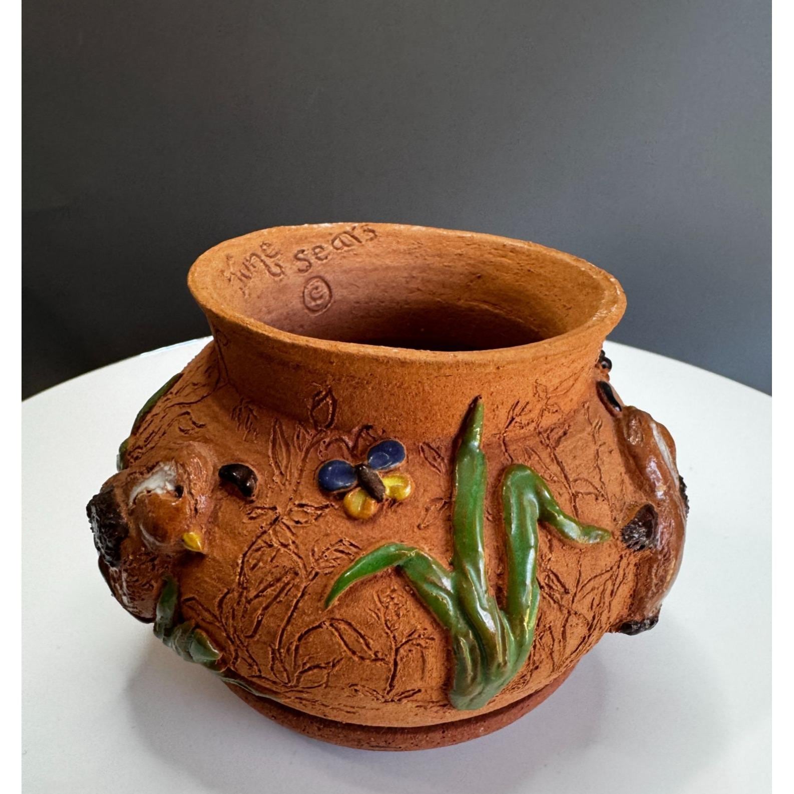 June Sears Signed Folk Art Pottery Planter Bird & Flower Design 4