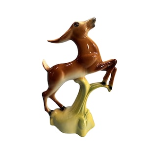 Figura de gacela saltando de Stewart McCulloch, cerámica marrón y amarilla, mediados de siglo, 23 x 18 cm