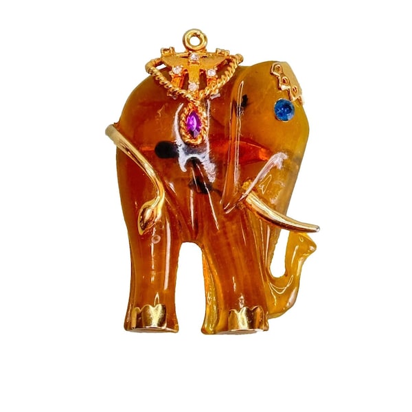 Vintage Amber Lucite Jeweled Ceremonial Elephant Gold Gilded Trim Brooch/pendant