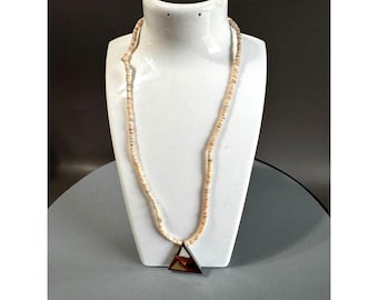 Vintage Shell Heishi Necklace Triangle Inlay Pendant 17 Inch Natural Materials