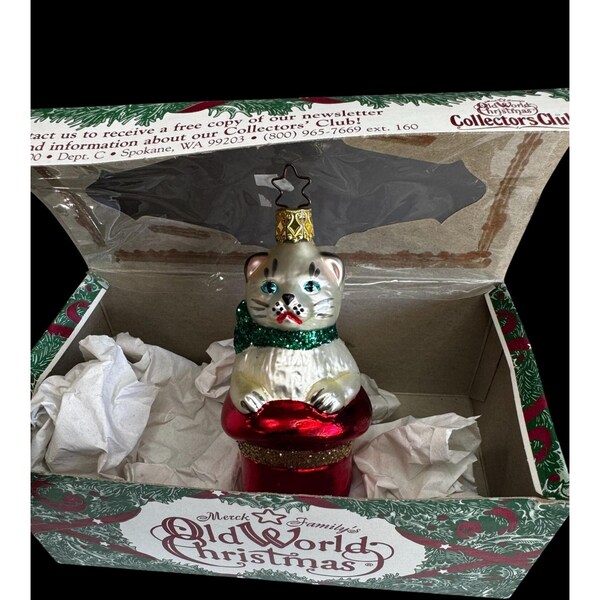 Adorno navideño de cristal de gatito con bota roja, estilo antiguo, 10 cm (4"), con caja. Pieza descatalogada de Alemania.
