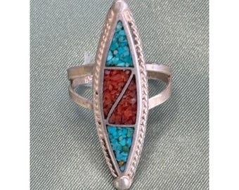 Bague Amérindienne Vintage En Argent Sterling Et Mosaïque Turquoise/Corail - Taille 52, Excellent état