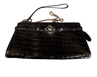 Brighton Black Croc Embossed Leather Clutch Crossbody Purse Silver Heart Medallion 10.5"