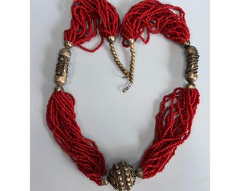 Vintage 1960s Tribal Red Coral Seed Beaded MultiStrand Necklace Oxidized Silver