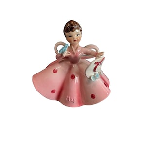 Vintage Lefton May Girl Porcelain Figurine Pink Dress With Hat & Bluebird 4.5&quot;x4