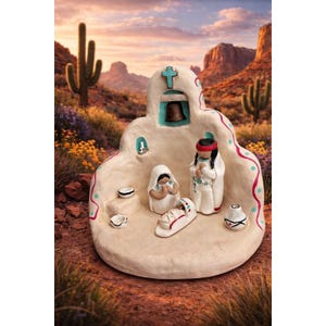 May include: A Southwestern-style nativity scene with a cream-colored base and figures. The scene includes a church-like structure with a cross, bell, and figures of Mary, Joseph, and baby Jesus. The background features a desert landscape with cacti and mountains.