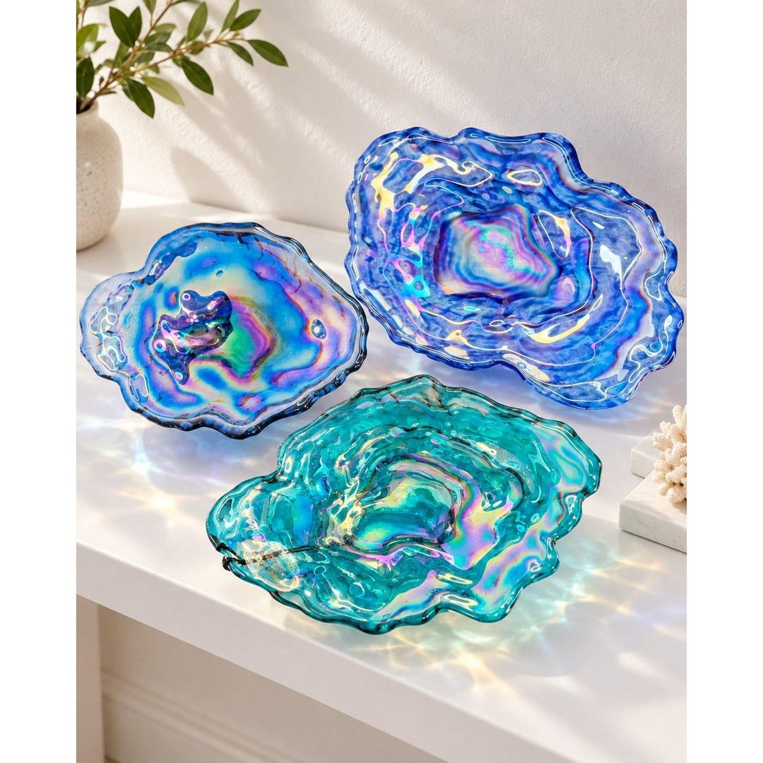 AKCAM Turkey Iridescent Oyster Clam Shell Art Glass Bowls Set of 3 7 ...