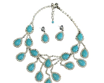 Southwestern Blue Turquoise Jeweled Bib Necklace and Matching Earrings
