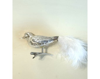 Vintage Silver Blown Glass Fluffy Feather Tail Clip On Bird Ornament