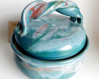 Vintage Colorado Studio Art Georgetown Pottery Blue Covered Pot firmado