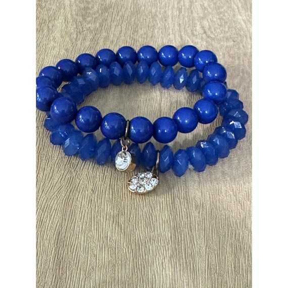 Cobalt Blue Glass Beaded Stretch Bracelets With Rhinestone Charm